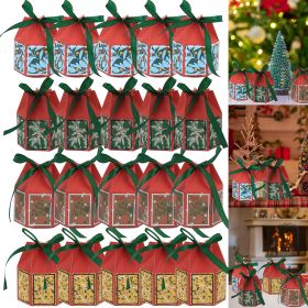 20PCS Christmas Treat Boxes With Ribbons Paper Christmas Tree Bells Pattern Goodie Box Retro Candy Bakery Box For Christmas Party Favors Wrapping Supp