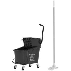 Mop Bucket With Wringer On Wheels For Floor Cleaning, 38 Quart Down Press Wringer With Handle, Black