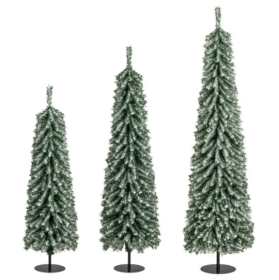 3-Piece Slim Pencil Christmas Tree Set  4ft 5ft 6ft  - 216 302 505 Branch Tips, Simulated Snow Cotton For Wintry Charm