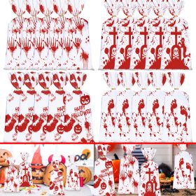 50 PCS Halloween Bloody Treat Bags With Twists Halloween Bloody Hand Pumpkin Themed Cellophane Candy Goodie Bags Ties For Halloween Horror Bloody Them