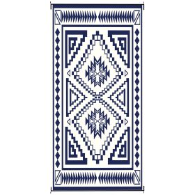 Reversible Outdoor Rug, Waterproof Plastic Straw With Carry Bag, 9 X 18, Blue & White Square Patchwork