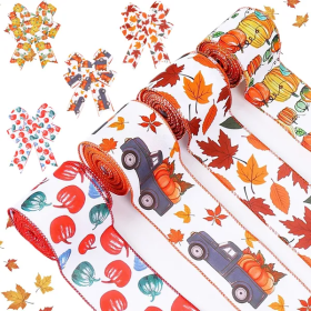 4Rolls 20Yards Thanksgiving Ribbons Autumn Wired Edge Ribbon Fall Themed Decorative Ribbon Pumpkin Maple Leaf Truck Grosgrain Ribbon For Thanksgiving