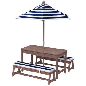 Outdoor Wooden Kids Picnic Table & Bench Set With Cushions And Umbrella, For Patio, Garden, Navy Blue