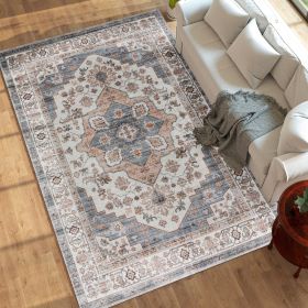 8x10 Area Rug, Vintage Machine Washable Rug, Non-Slip Carpet For Living Room, Bedroom, Dining Room, Brown & Light Blue