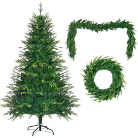 6FT Pre-Lit Aspen Fir Artificial Christmas Tree With Wreath & Garland,Grass Green Xmas Tree With 380 Multi-Color LED Lights, 11 Lighting Modes, 861 PE