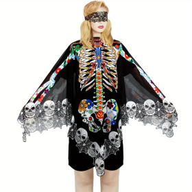 Halloween Skeleton Poncho, Lace Skeleton Halloween Costume Poncho Day Of The Dead Poncho For Women