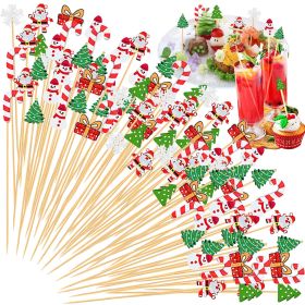 Christmas Cocktail Pick Xmas Tree Snowflake Snowman Santa Claus Reindeer Pattern Sticks Cupcake Fruit Food Appetizer Skewers 4.9 In Bamboo Toothpicks