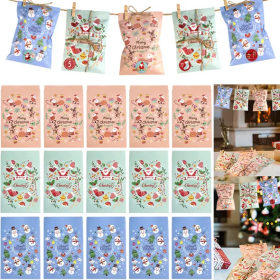 24Pcs Christmas Advent Calendar Bags Kit Envelope Shape Gift Bags With 1 To 24 Countdown Number Stickers Santa Claus Snowman Pattern Goodie Candy Trea