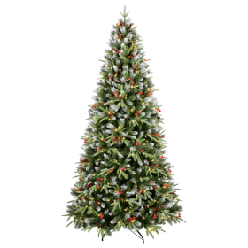 Artificial 6ft Green LED-lit Christmas Tree With 1593PE PVC Mixed Branch Tips,Red Fruit And Pine Cone,Hinged Premium & Foldable Base For Indoor Holida