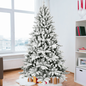 7ft Flocked Christmas Tree With 1514 Tips, Realistic PE PVC Snowy Hinged Tree With Metal Stand, Full Artificial Xmas Tree For Holiday Decoration