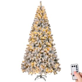 8 FT Pre-lit Snow Flocked Christmas Tree, Artificial Hinged Xmas Pine Tree With 1300 Branch Tips, 500 Lights And Remote Control For Holiday Party Offi