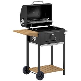 Charcoal BBQ Grill, Outdoor Portable Cooker For Camping Or Backyard Picnic, Barbecue Grill With Side Table, Bottom Storage Shelf, Wheels And Handle, B