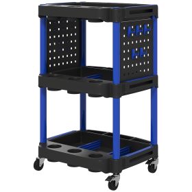 3-Tier Rolling Tool Cart, 200 LBS Capacity Plastic Utility Cart With Side Shelves For Garage Workshop, Black & Dark Blue