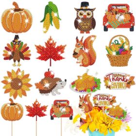 12 Packs Rhinestones Painting Art Kit Fall Pumpkin Turkey Maple Corn Design Decorative Stakes For Vase DIY 5D Rhinestones Art Craft Ornaments With Glu