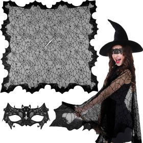 2 Pcs Halloween Poncho For Women Black Bat Spider Web Poncho And Lace Mask Masquerade Mask Halloween Party Cosplay Costume Accessory Day Of The Dead C