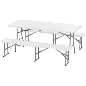 6FT 3 PCS Portable Camping Table And Chairs, Folding Picnic Table Bench Set With Carrying Handles For BBQ, Party, White (Color: White)
